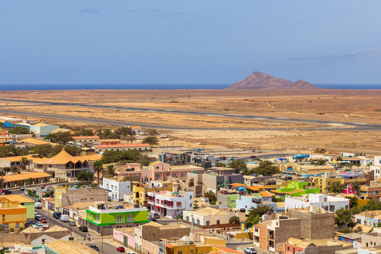 Espargos on the island of Sal in Cape Verde viewed from a military radar site with Monte Leao in the distance
