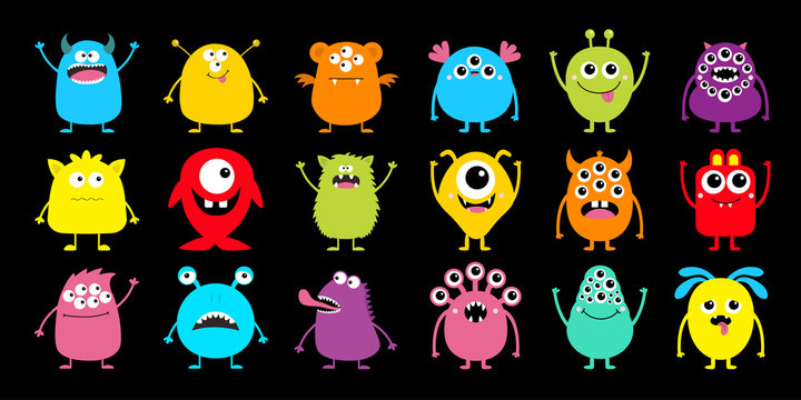 Monster icon big set. Happy Halloween. Cute kawaii cartoon colorful scary funny character. Eyes, tongue, hands, horns, fang teeth . Funny baby collection. Black background Isolated. Flat design.