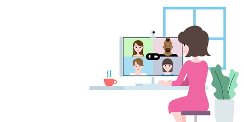 Work from home illustration video call group conference online communication