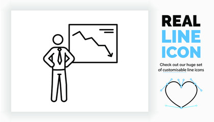 Editable real line icon of infographic stick figure person in a corporate design style wearing a suit with tie in full body length view in modern black lines on a clean white background in eps vector