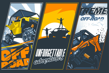 Poster of three banners with UTV`s off-road vehicles. Vector graphics.