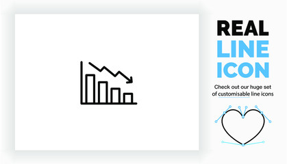 Editable real line icon of a stock market crash by decreasing value in form of a line and bar graph going down in modern black lines on a clean white background as a eps vector file