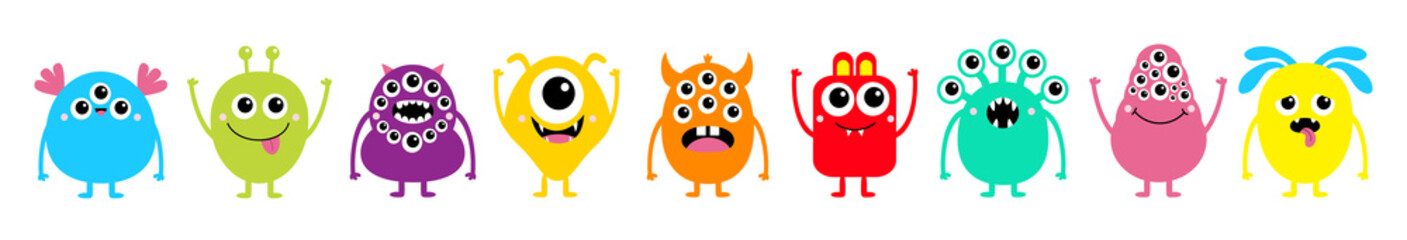 Happy Halloween. Monster set line. Cute kawaii cartoon colorful scary funny character icon. Eyes, horns, tongue, hands, fang teeth . Funny baby collection. Isolated. White background Flat design.