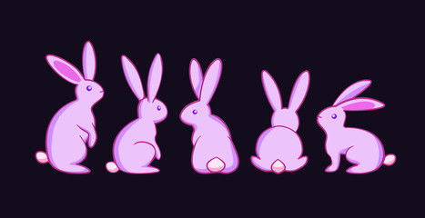Vector bunny set, rabbit collection isolated on purple background, pink bunny, easter bunny set,for cards, postcards, flyers, banners and so on
