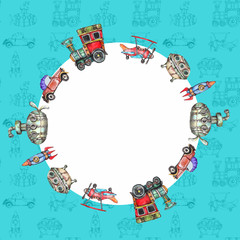 Obraz premium Watercolor hand drawn artistic line art retro steampunk vehicle frame vintage greeting card mockup template with text space