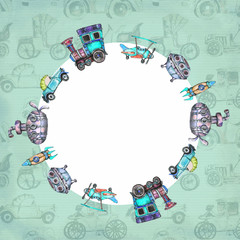 Watercolor  hand drawn artistic line art retro steampunk vehicle  frame vintage greeting card mockup template with text space