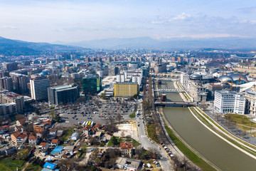 Fototapeta na wymiar Skopje, Republic of North Macedonia. Aerial streets of the town