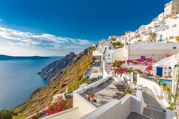 Amazing view of Santorini island. Dream travel summer on the famous tourism destination Greece, Europe. Traveling concept background. Boost color process photo. Summer vacation
