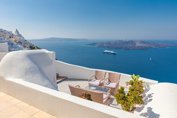 Luxury summer landscape and vacation concept. Perfect couple travel destination background. White architecture on Santorini island, Greece. Beautiful tranquil  landscape, blue sea view.