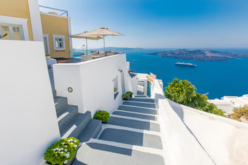 Luxury summer landscape and vacation concept. Perfect couple travel destination background. White architecture on Santorini island, Greece. Beautiful tranquil  landscape, blue sea view.