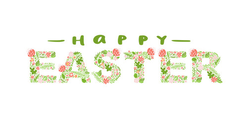 Happy Easter vintage vector calligraphy text. Christian hand drawn lettering poster for Easter with flowers and leaves. Modern handwritten brush type isolated for poster, t-shirt, banner, logo