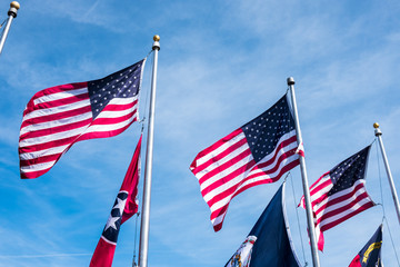American states Flags over cloudy blue sky