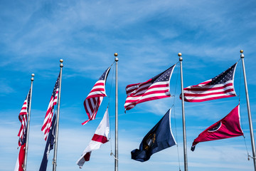 American states Flags over cloudy blue sky
