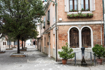 Empty streets and canals of Venice. No tourists, coronavirus threat. Italy