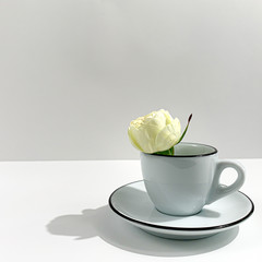 Cup with the flower instead of coffee on white background with leaves