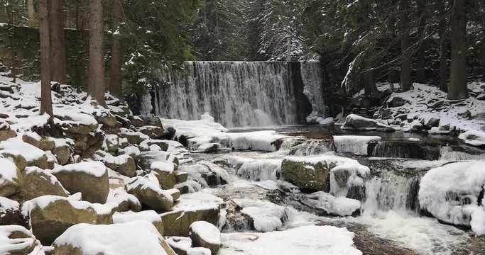 Karpacz, Poland. Winter view of Wild Waterfall (Dziki Wodospad)
