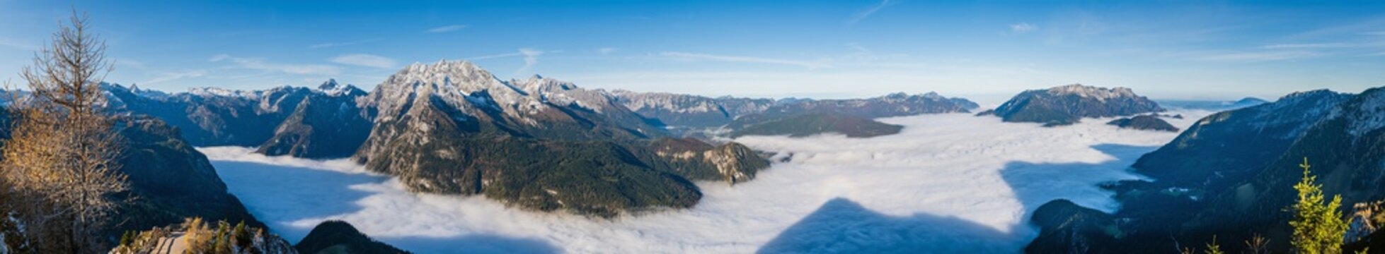 Autumn Alps mountain misty morning view from Jenner Viewing Platform, Schonau am Konigssee, Berchtesgaden national park, Bavaria, Germany.