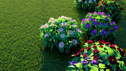 Colorful Flowers and Plants Outdoor Background, 3D Rendering