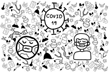 Covid-19 doodle hand draw on white background. Corona virus disease concept.