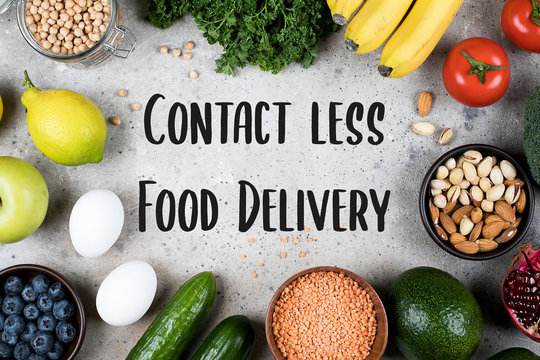 Healthy vegan food diet concept. Text Contact less Food Delivery. Coronavirus, self isolation concept.