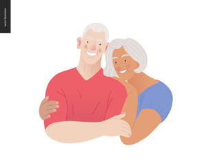 Medical insurance -senior citizen health plan -modern flat vector concept digital illustration of a happy elderly couple, standing embraced together holding their hands. Medical insurance plan.