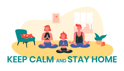 Red-haired girls doing yoga at home while their dog is sleeping near them. Keep calm and stay home vector illustration.