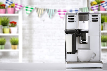 Desk of free space and coffee machine 