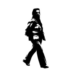 Senior woman walking, isolated vector silhouette. Ink drawing. Side view