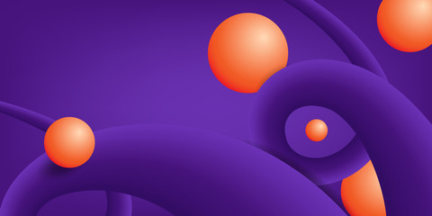 Purple abstract background 3D. Wallpaper in realistic style. Violet vector illustration with orange spheres. Modern banner. Perspective background. Design card, brochure, cover, booklet, template.