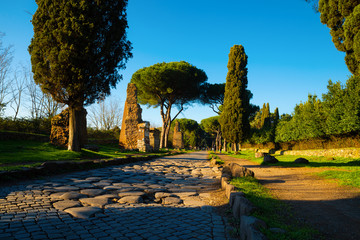 A stretch of the Appian Way or Appia Antica one of the most important streets of the Roman Empire, Regina Viarum by the Latins. This road connected Rome to Brindisi an important port in ancient Italy.