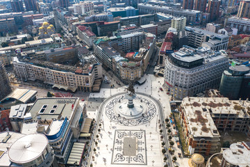Aerial view of the main square in Skopje, Macedonia. Drone shot of Skopje city center © Mariana Ianovska