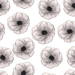 Beautiful poppies isolated on white background. Floral seamless Pattern. Summer backdrop.Can be used for textile,wallpaper,print,web design, fabric, wrapping paper.Hand drawn illustration. Gray colors
