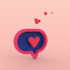 3d social media notification love like heart icon in red rounded square pin with shadow and reflection 3D rendering