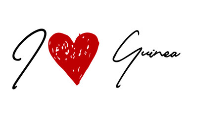 I love Guinea Red Heart and Creative Cursive handwritten lettering on white background.