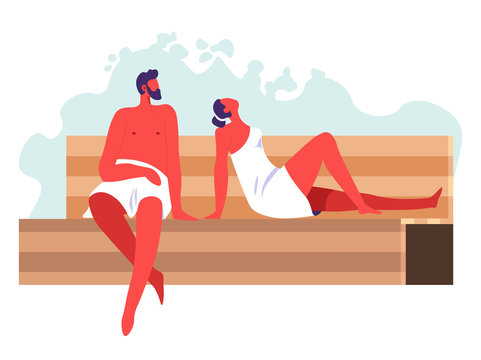 People In Towel Relaxing In Spa Sitting In Sauna Room Vector