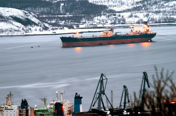Cargo ship in the Kola Bay, city of Murmansk