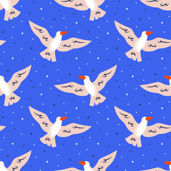 Flying birds in sky. Seagull. Wild animal, freedom. Summer seaside beach pool party. Flat cartoon colourful vector hand drawn seamless pattern, texture, background, backdrop.