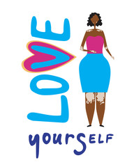 Lettering with a tect love yourself and vitiligo in African girl as a concept of skin diseases, flat vector stock illustration with dipegmentation