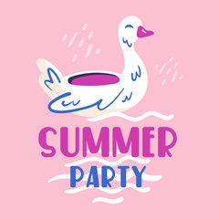 Summer party card. Little white rubber ring duck. Summer seaside beach pool party. Flat colourful vector illustration icon sticker isolated on pink background.