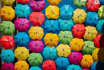 Bordeaux,Nouvelle-Aquitaine/France -September 12 2019 : colorful umbrella hanging on the street in Bordeaux