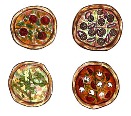 Set of hand drawn watercolor and marker fast-food with Sushi, Pizza pieces on white background.