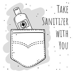 Illustration of a disinfectant gel in your pocket. Personal protective equipment against the virus.