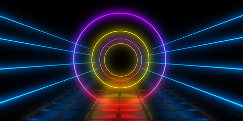 3D abstract background with neon lights. 3d illustration