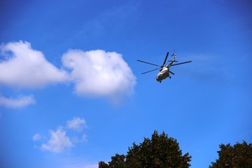 Fototapeta na wymiar helicopter over the trees in the blue sky with white clouds
