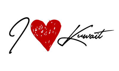 I love Kuwait Red Heart and Creative Cursive handwritten lettering on white background.