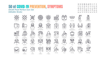 Fototapeta na wymiar Simple Set of Covid-19 Prevention Line Outline Icons. such Icons as Protective Measures, Coronavirus, Social Distancing, Symptoms, Quarantine, Stay at Home. 64x64 Pixel Perfect. Editable Stroke.