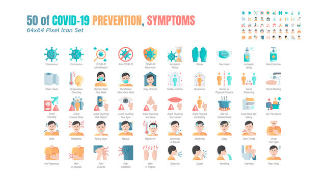 Simple Set of Covid-19 Prevention Flat Icons. such Icons as Protective Measures, Coronavirus, Hygienic Healthcare, Social Distancing, Hands Washing, Symptoms, Quarantine, Stay at Home. 64x64 Pixel.