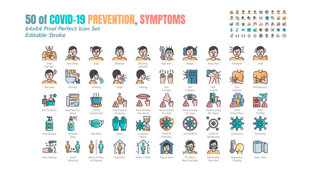 Simple Set of Covid-19 Prevention Filled Outline Icons. such Icons as Protective, Coronavirus, Social Distancing, Symptoms, Quarantine, Stay at Home, Hand Washing 64x64 Pixel Perfect. Editable Stroke.