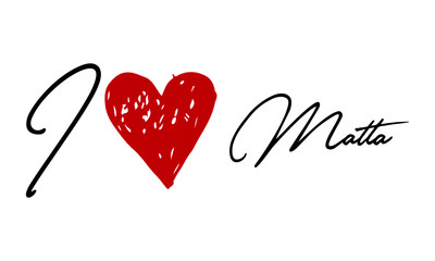 I love Malta Red Heart and Creative Cursive handwritten lettering on white background.