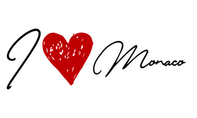 I love Monaco Red Heart and Creative Cursive handwritten lettering on white background.